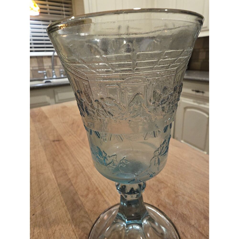 VTG Communion Indiana  Goblet Blue The Last Supper Cross & Grapes Blue Glass